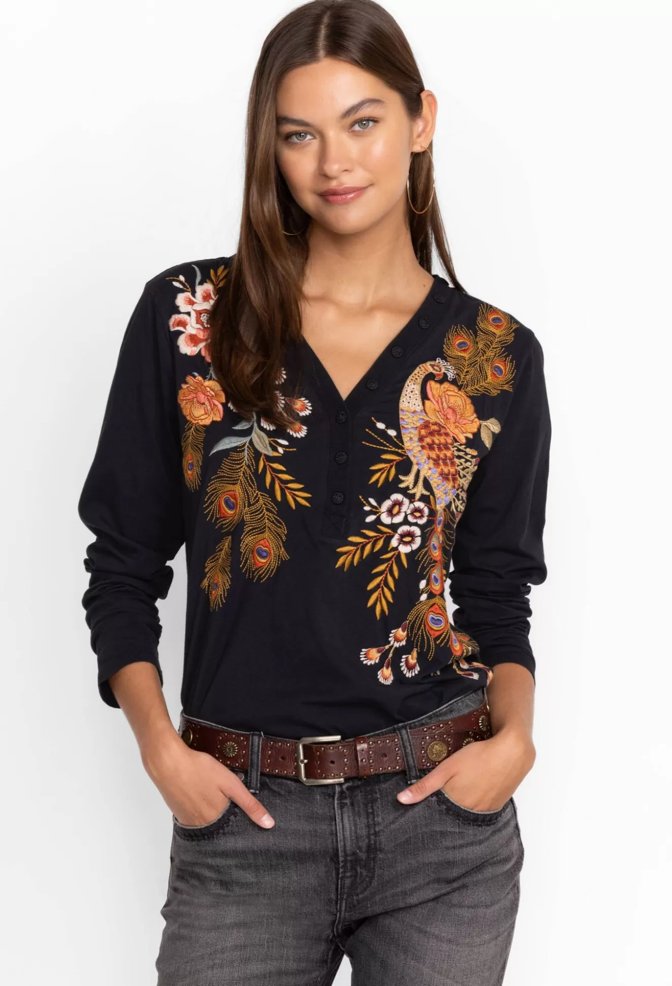 Tops>Johnny Was Ananke Button Neck Long Sleeve Tee Black