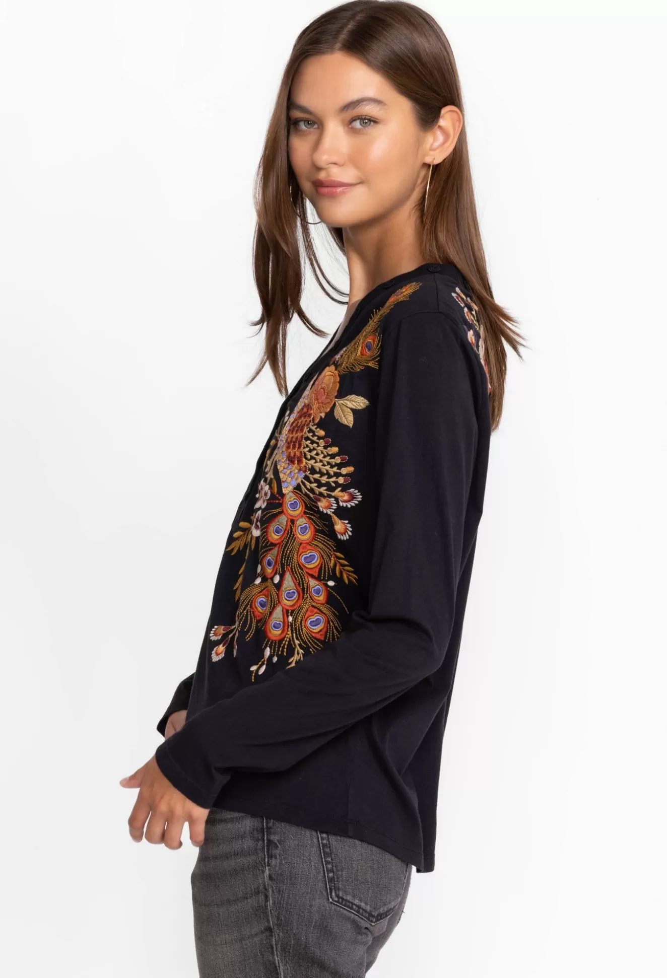 Tops>Johnny Was Ananke Button Neck Long Sleeve Tee Black