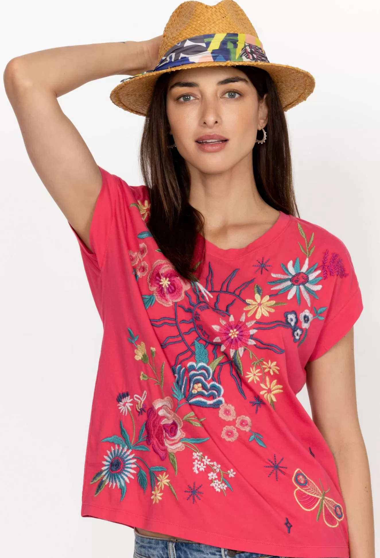 Tops>Johnny Was Arla Relaxed T-Shirt Rose Red
