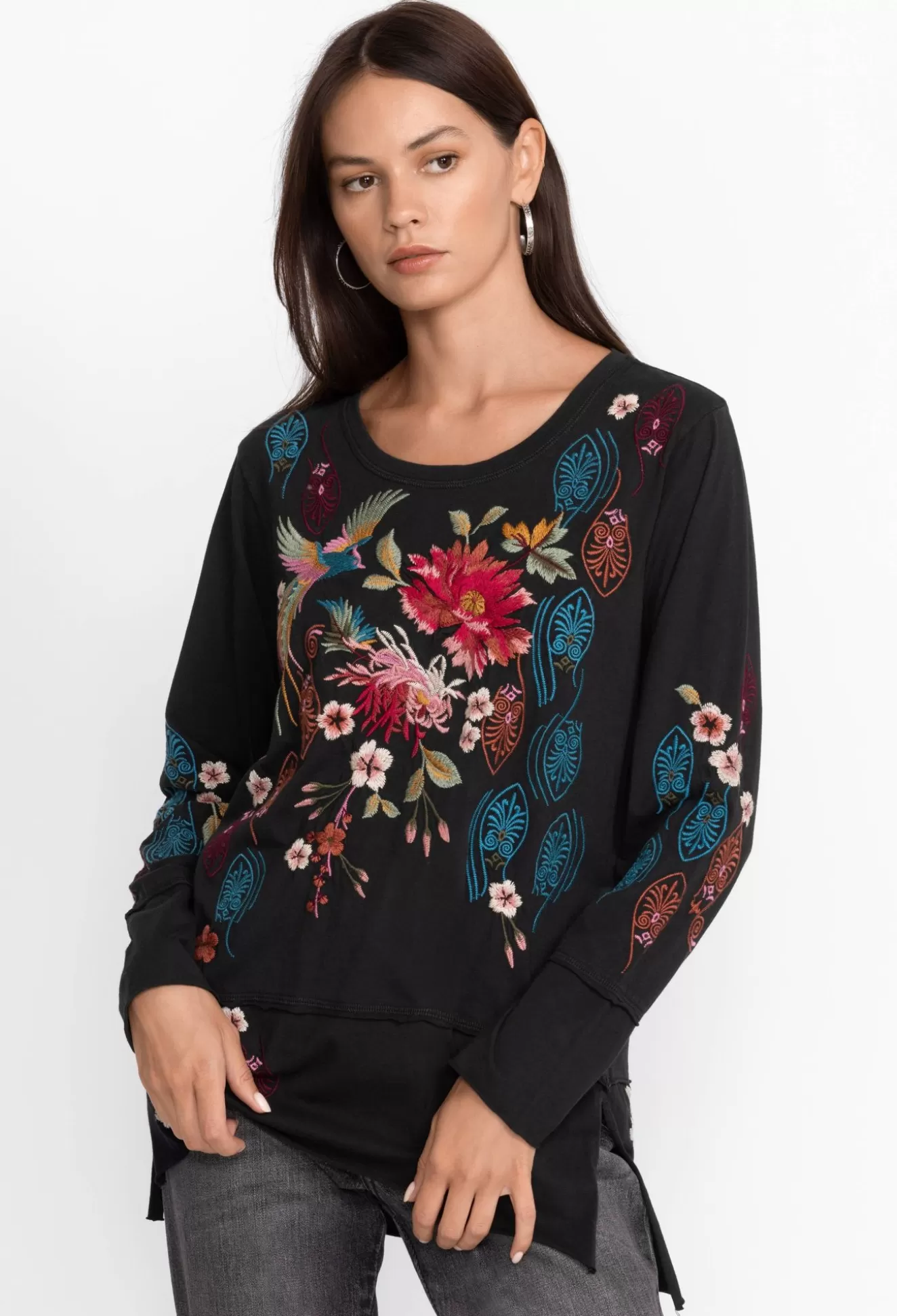 Tops>Johnny Was Ashira Raw Seam Long Sleeve Tee Black