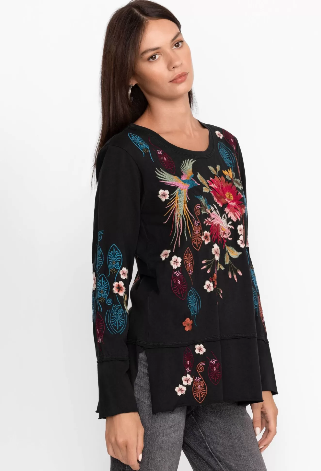 Tops>Johnny Was Ashira Raw Seam Long Sleeve Tee Black