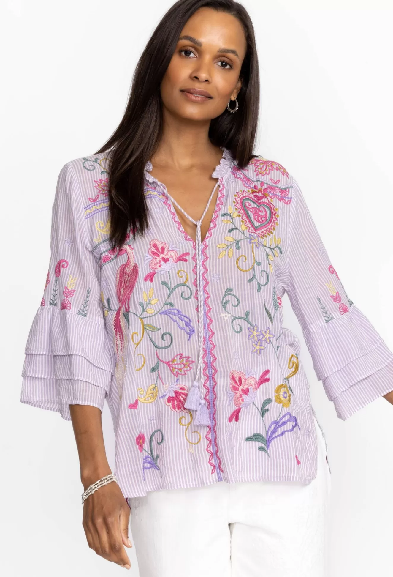 Tops>Johnny Was Ashlee Ruffle Sleeve Blouse Stripe
