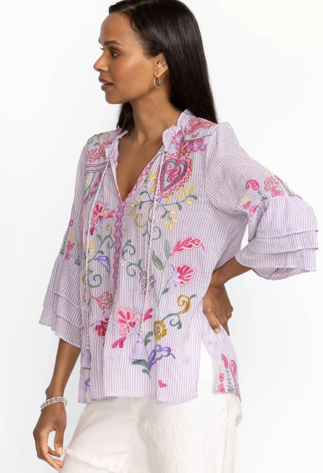 Tops>Johnny Was Ashlee Ruffle Sleeve Blouse Stripe