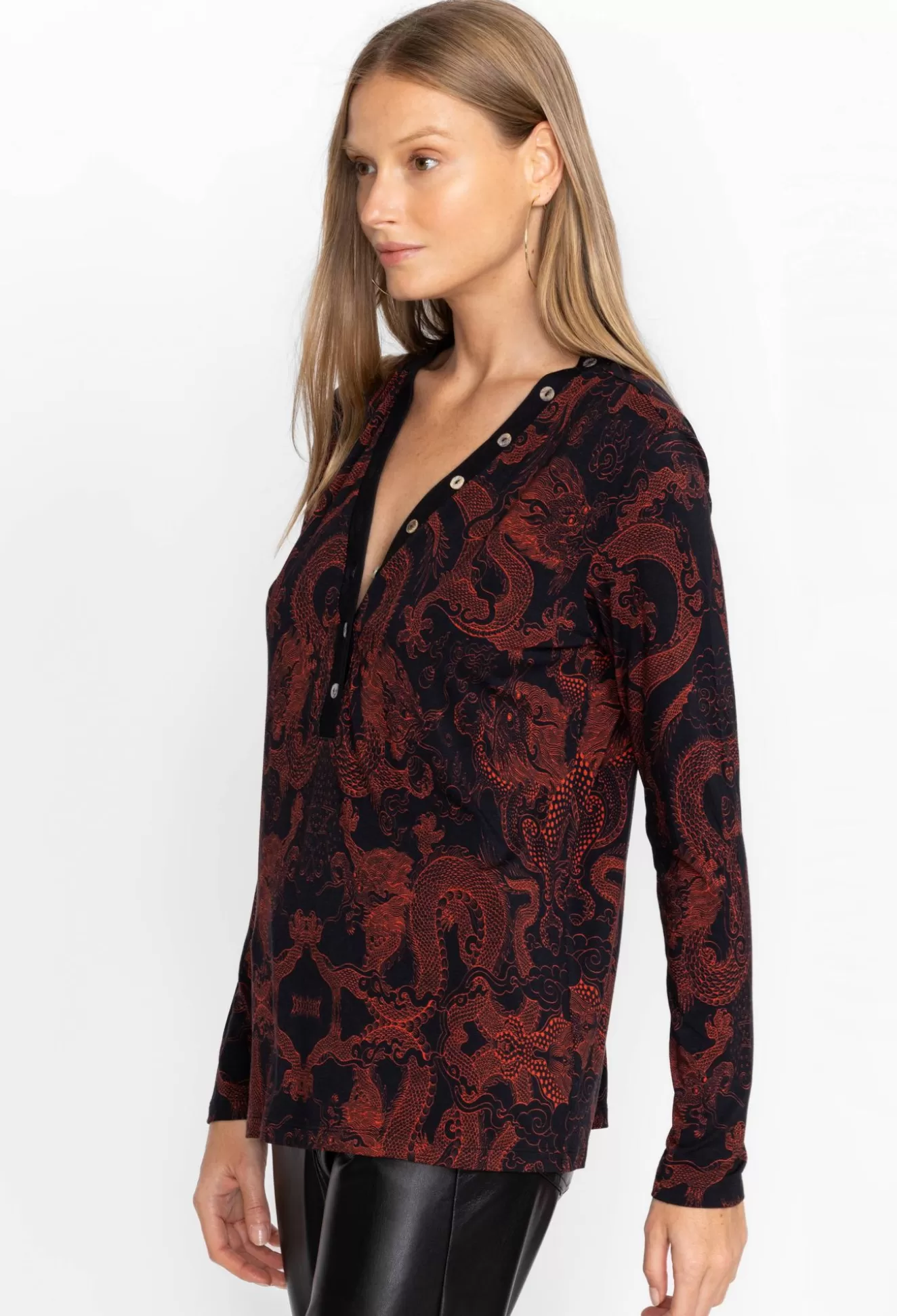 Tops>Johnny Was Button Neck L/S Tee Mayla