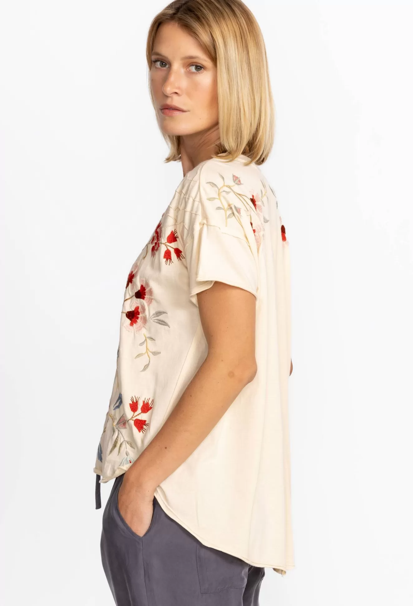 Tops>Johnny Was Clara Raw Detail Swing Tee Brie