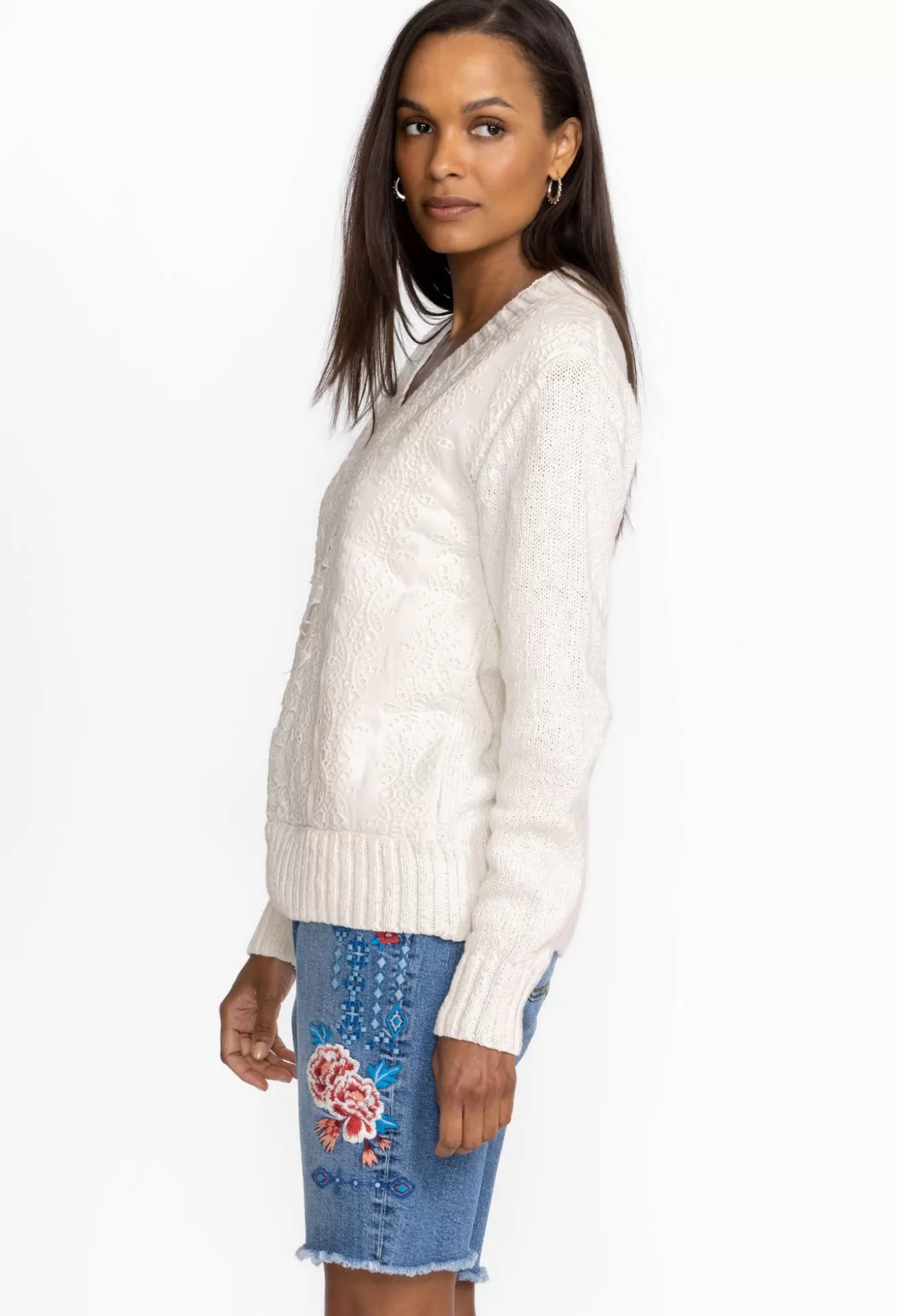 Tops>Johnny Was Crochet Patched Sweater White