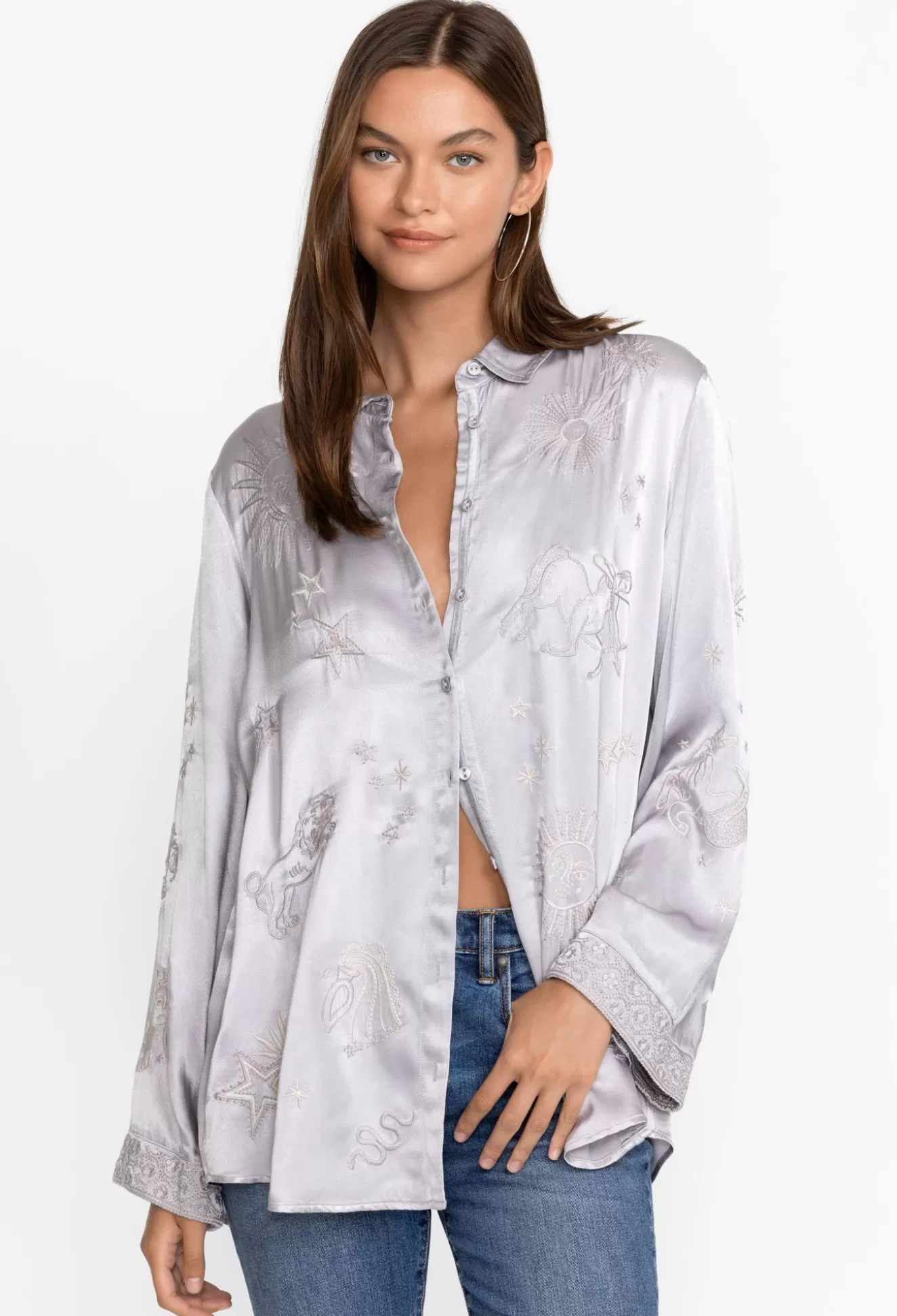 Tops>Johnny Was Estrella Kimono Sleeve Oversized Shirt Black