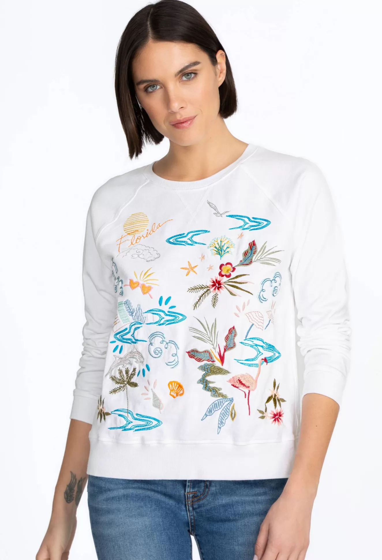 Tops>Johnny Was Florida Raglan Sweatshirt White