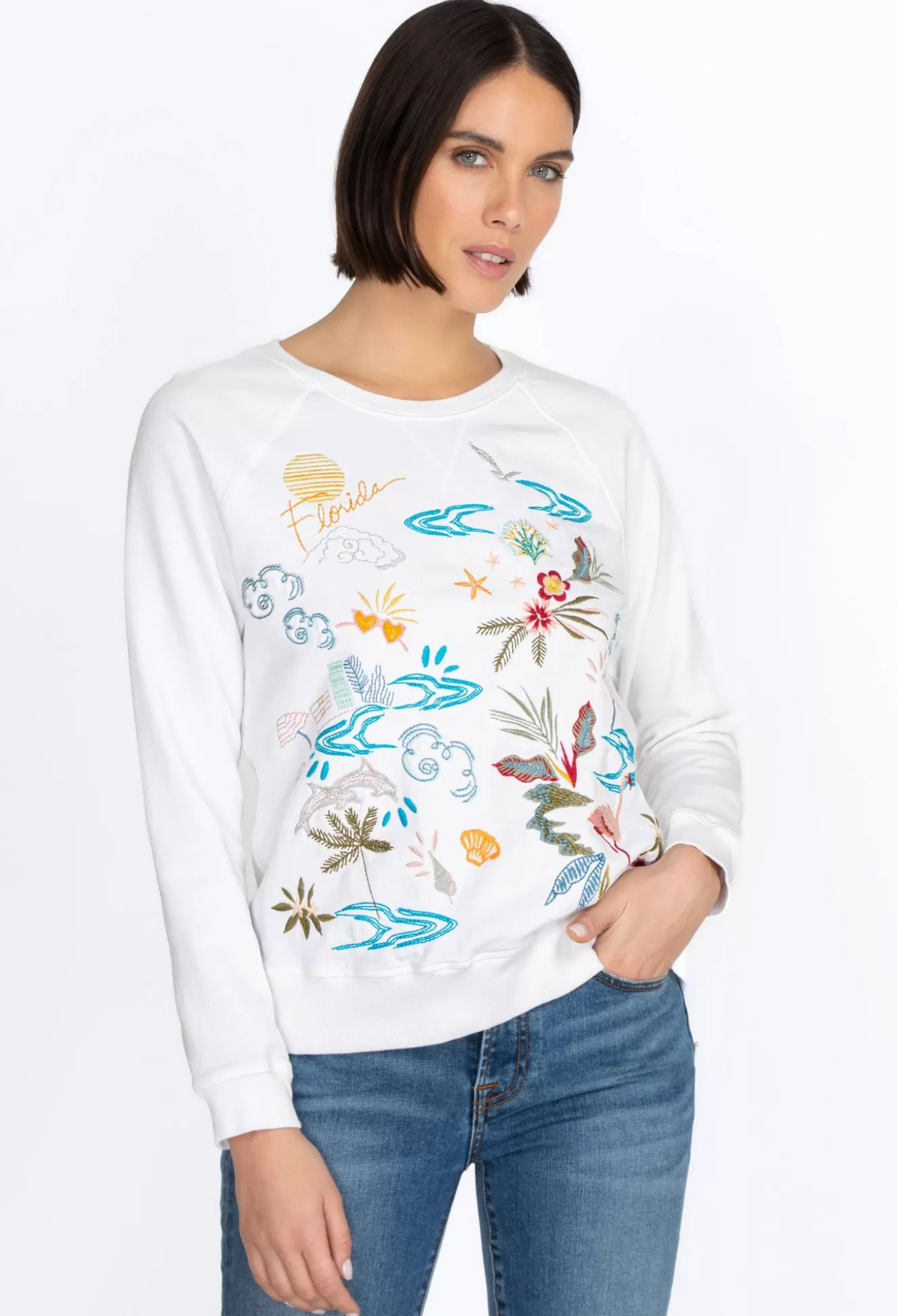 Tops>Johnny Was Florida Raglan Sweatshirt White