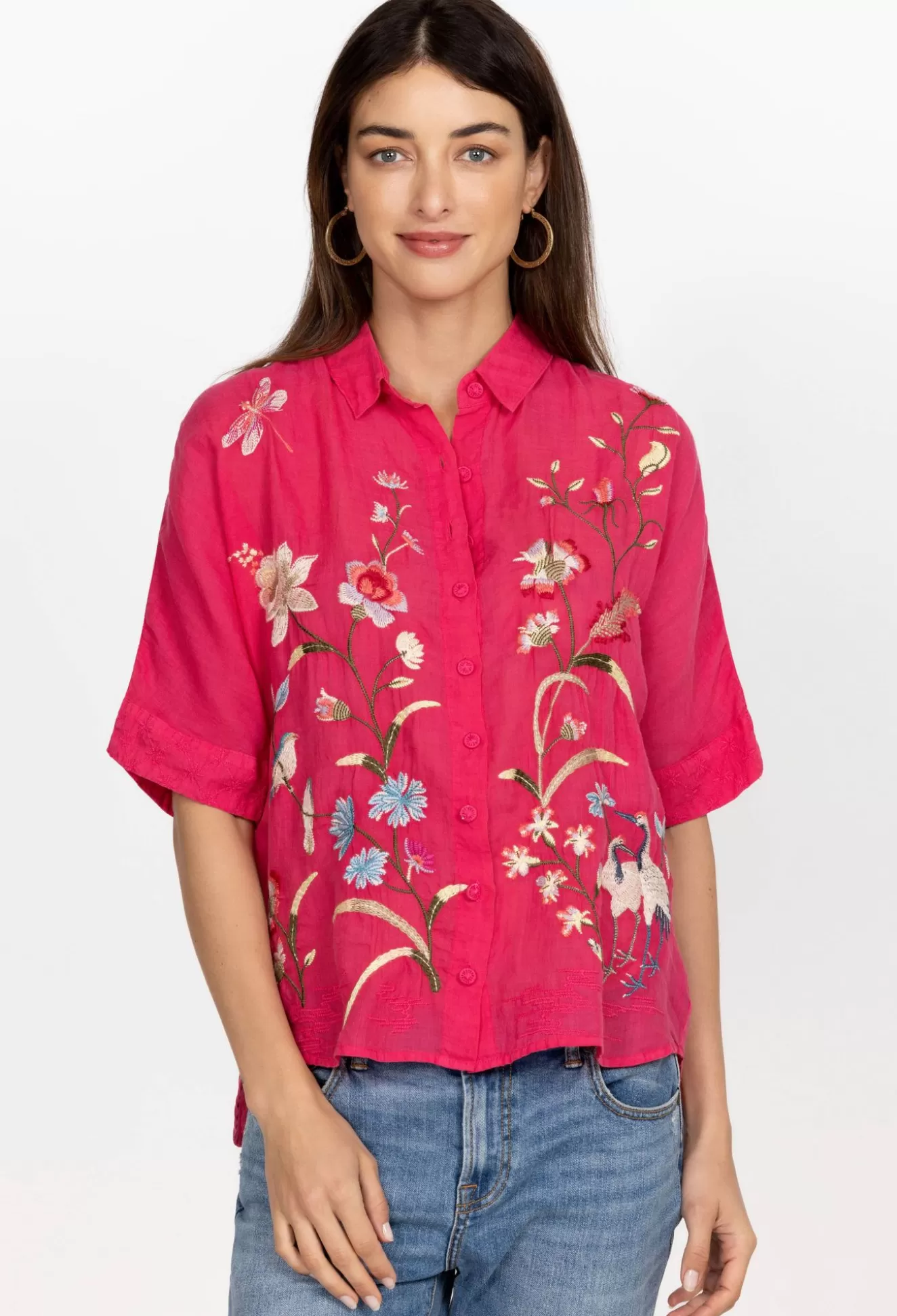 Tops>Johnny Was Geniveve Relaxed Dolman Shirt Rose Red