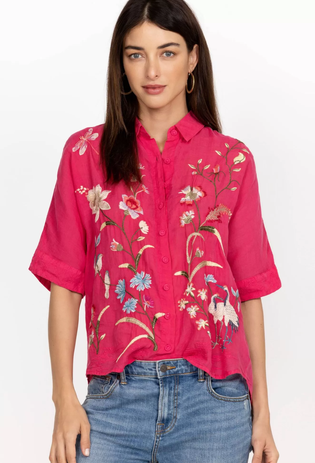 Tops>Johnny Was Geniveve Relaxed Dolman Shirt Rose Red