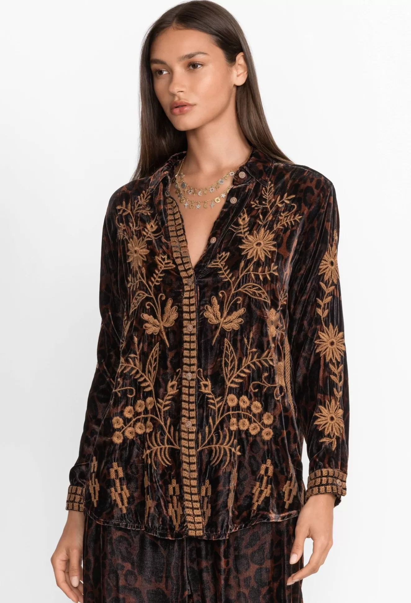 Tops>Johnny Was Georgina Velvet Oversized Shirt Deep Teal