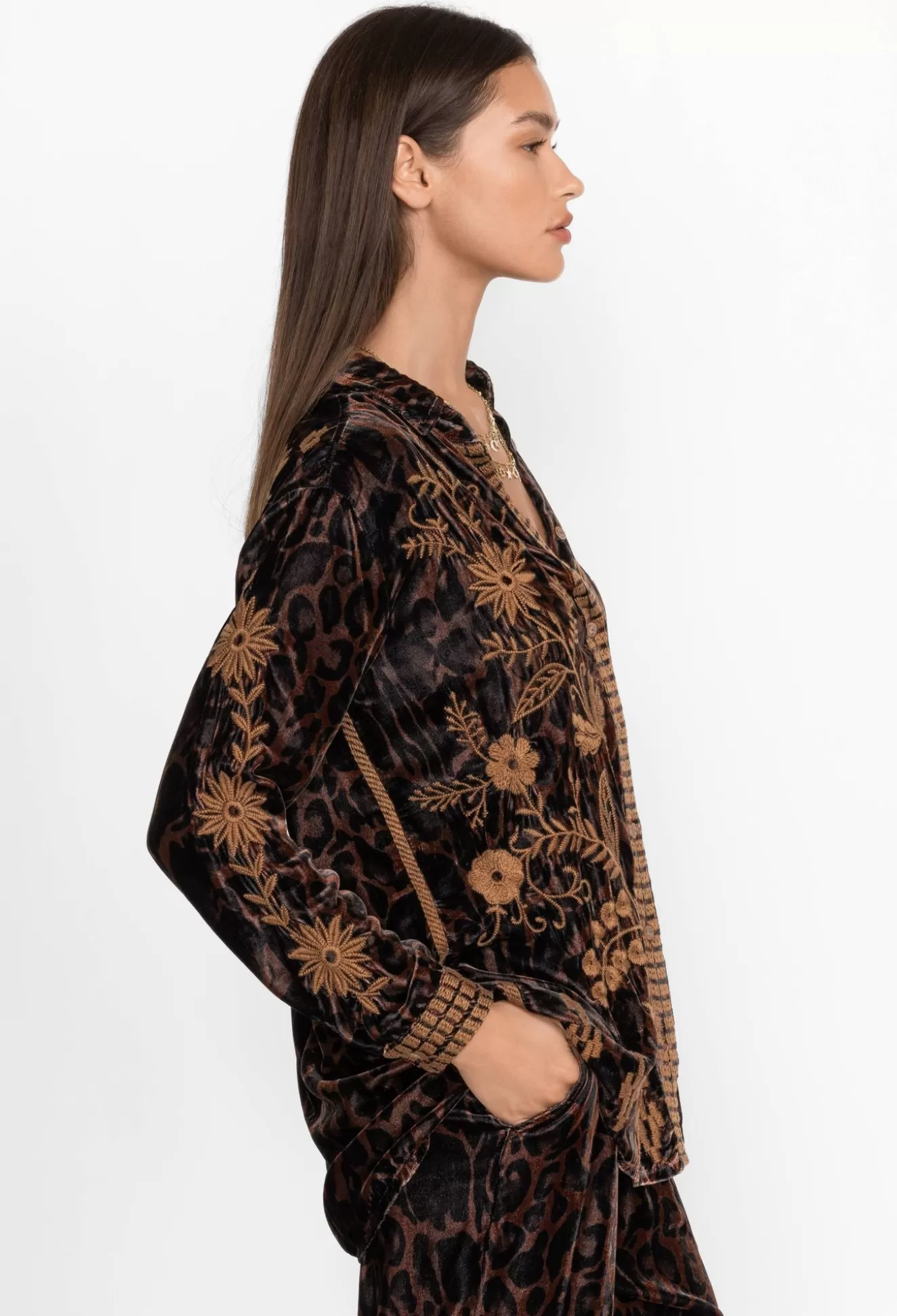 Tops>Johnny Was Georgina Velvet Oversized Shirt Deep Teal