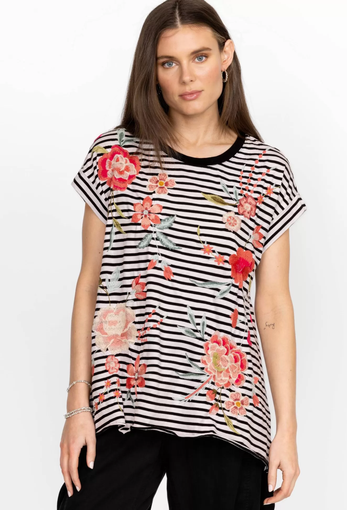 Tops>Johnny Was Joya Relaxed Drape Tee Stripe