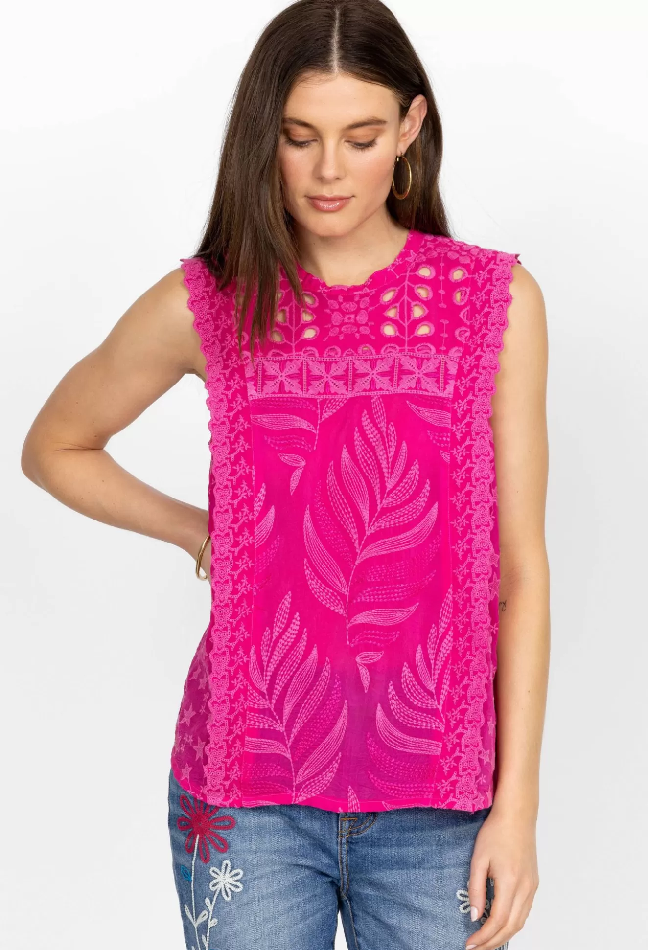 Tops>Johnny Was Leafy Concetta Blouse Orchid Lei