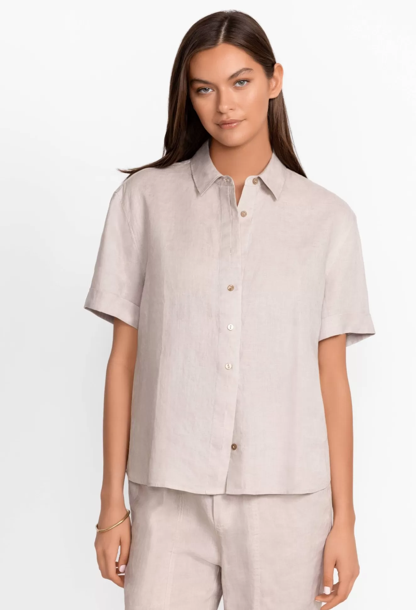 Tops>Johnny Was Linen Cuff Sleeve Camp Shirt Silver Cloud