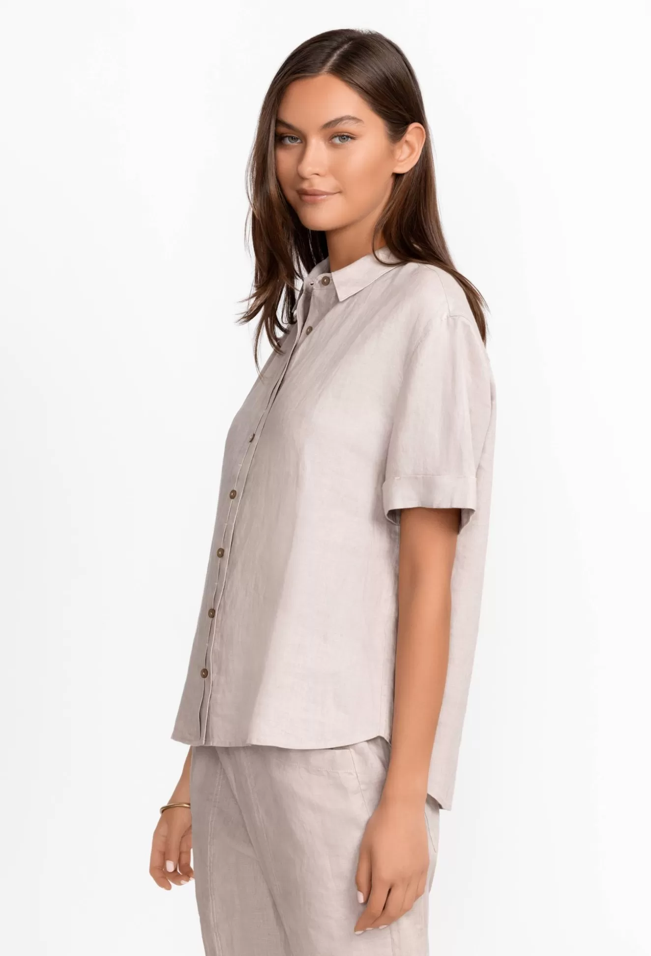 Tops>Johnny Was Linen Cuff Sleeve Camp Shirt Silver Cloud