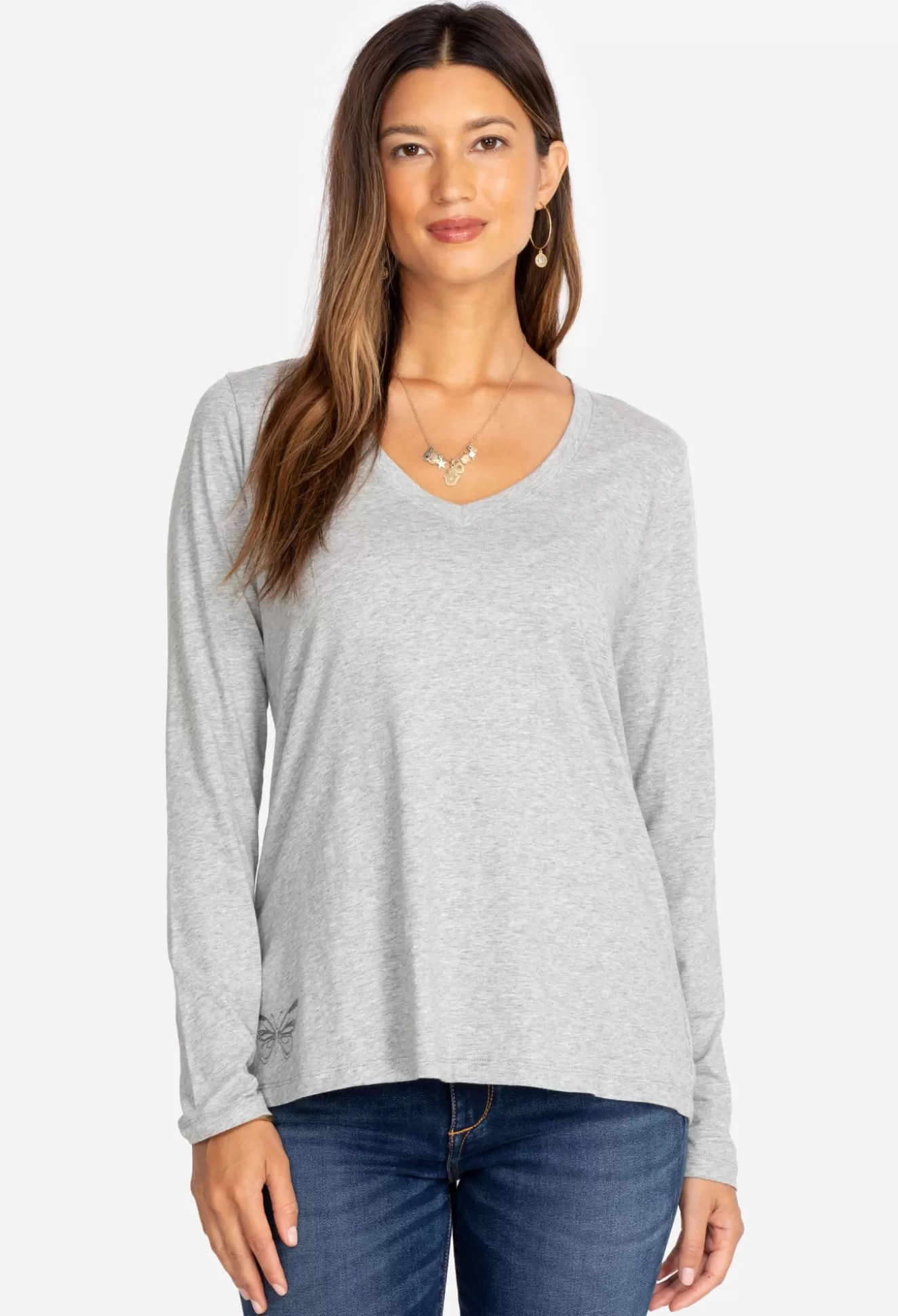 Tops>Johnny Was Long Sleeve V-Neck Layering Tee White