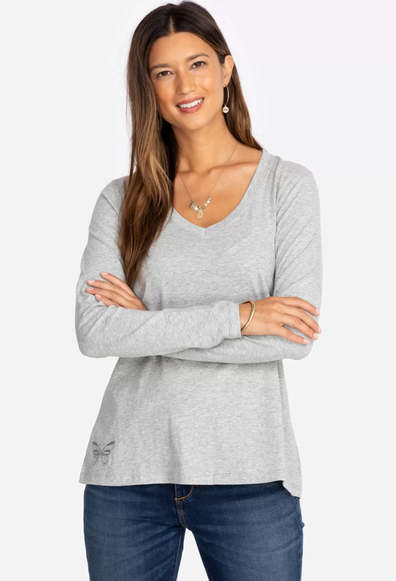Tops>Johnny Was Long Sleeve V-Neck Layering Tee White