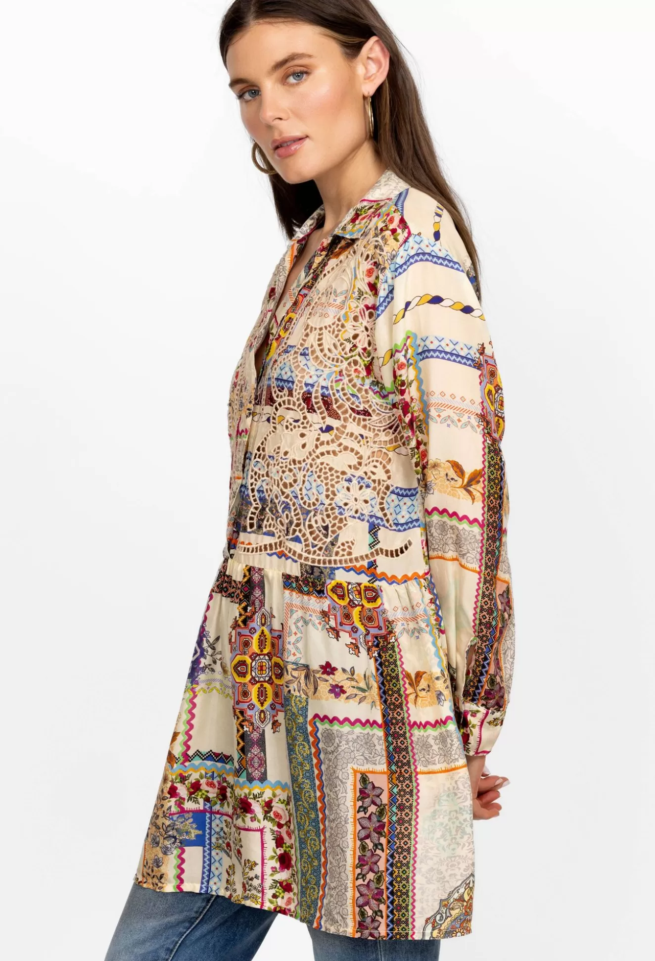 Tops>Johnny Was Marissa Relaxed Oversized Tunic White