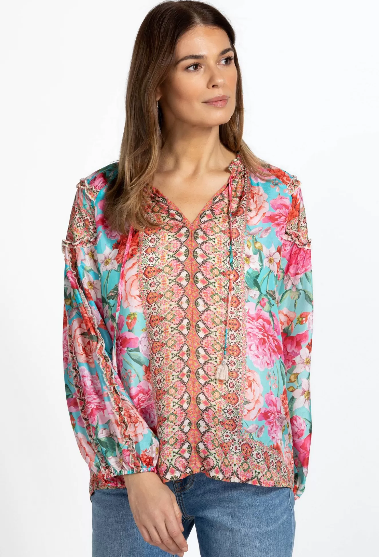 Tops>Johnny Was Midnight Silk Blouse Emerald Green