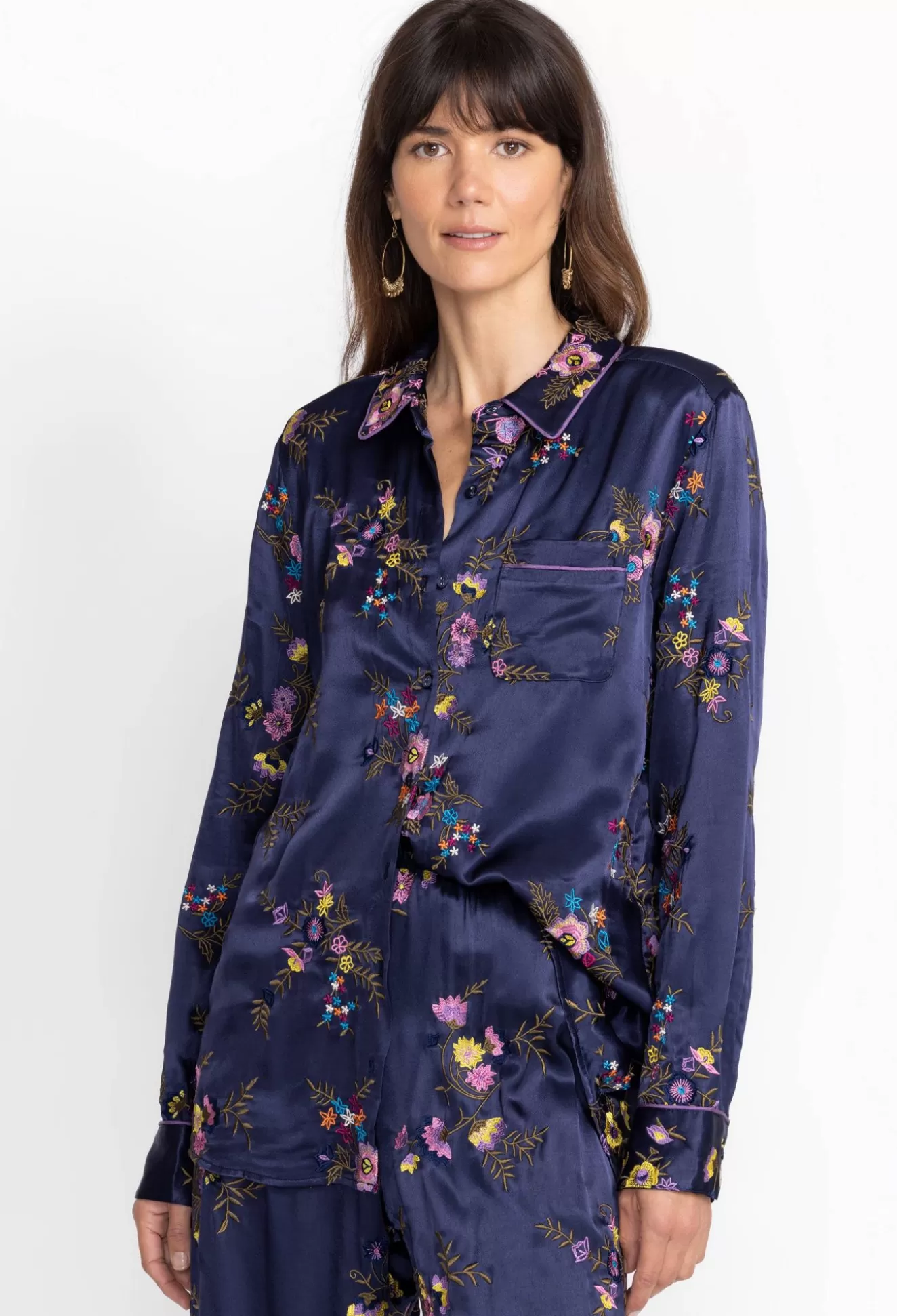 Tops>Johnny Was Misty Rayon Button Down Shirt Sapphire Blue