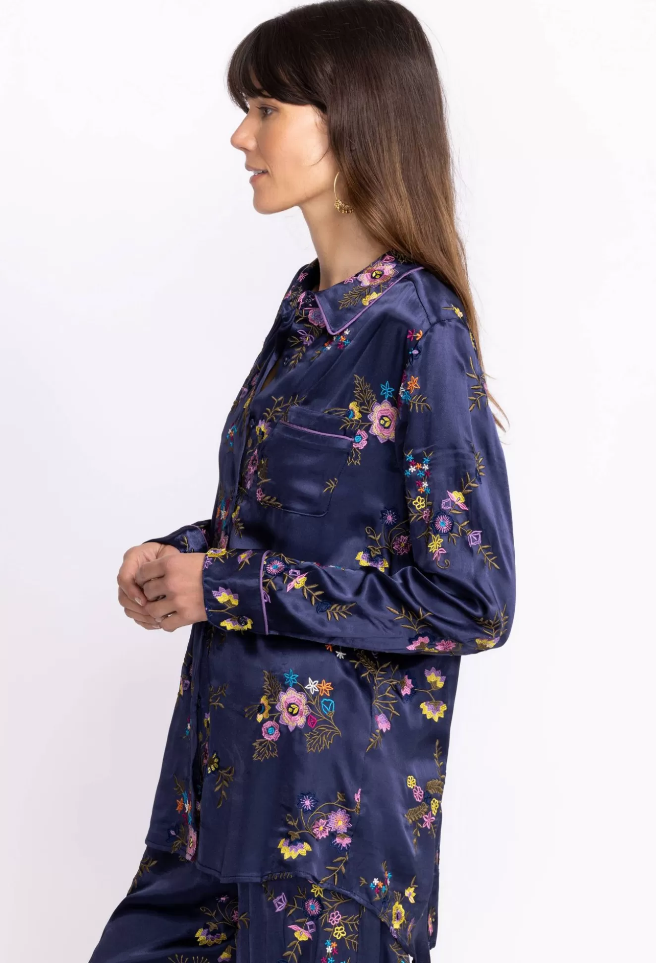 Tops>Johnny Was Misty Rayon Button Down Shirt Sapphire Blue