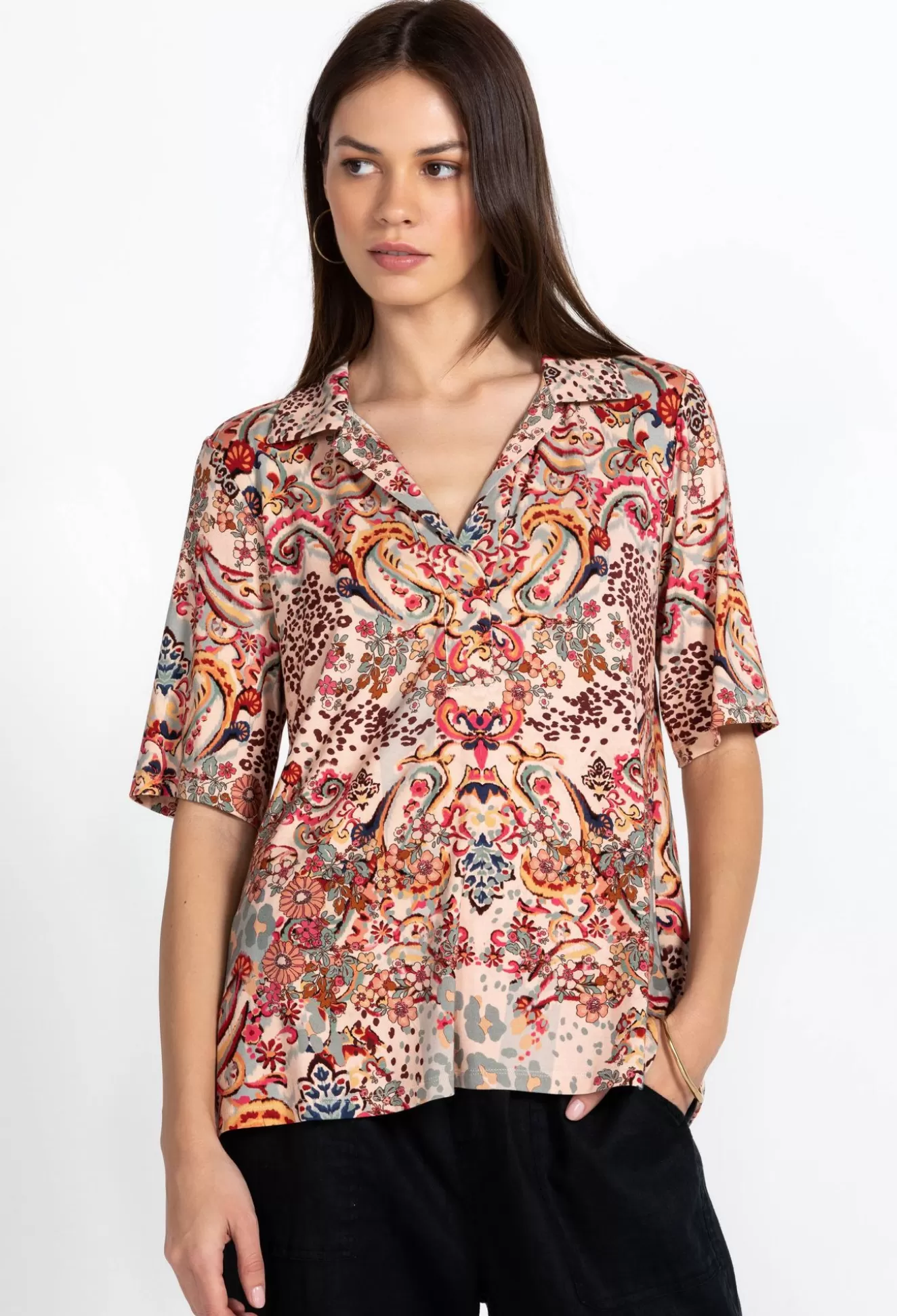 Tops>Johnny Was Polo Swing Tee Jungle Paisley