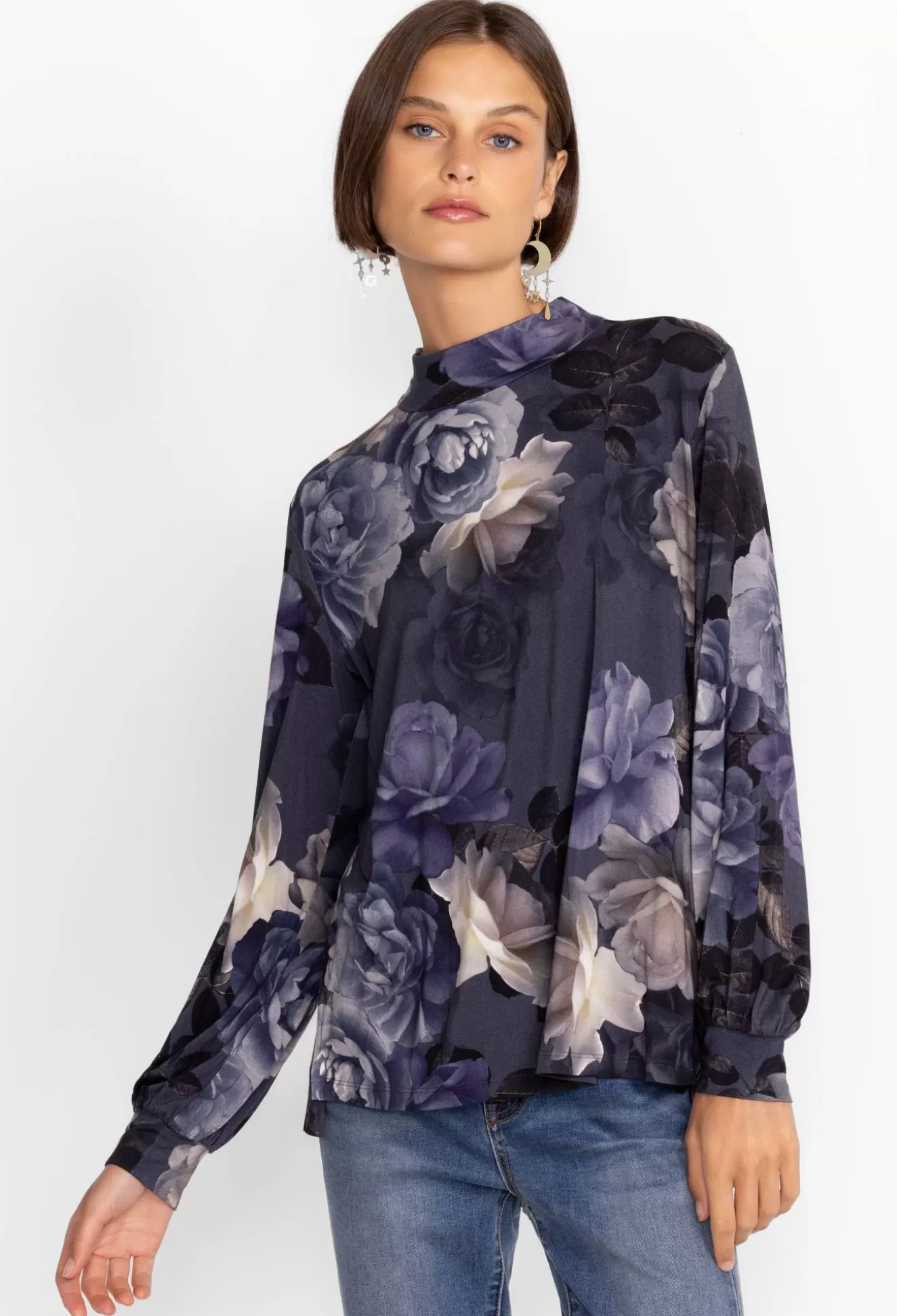 Tops>Johnny Was Puff Sleeve Mock Neck Grey Peony