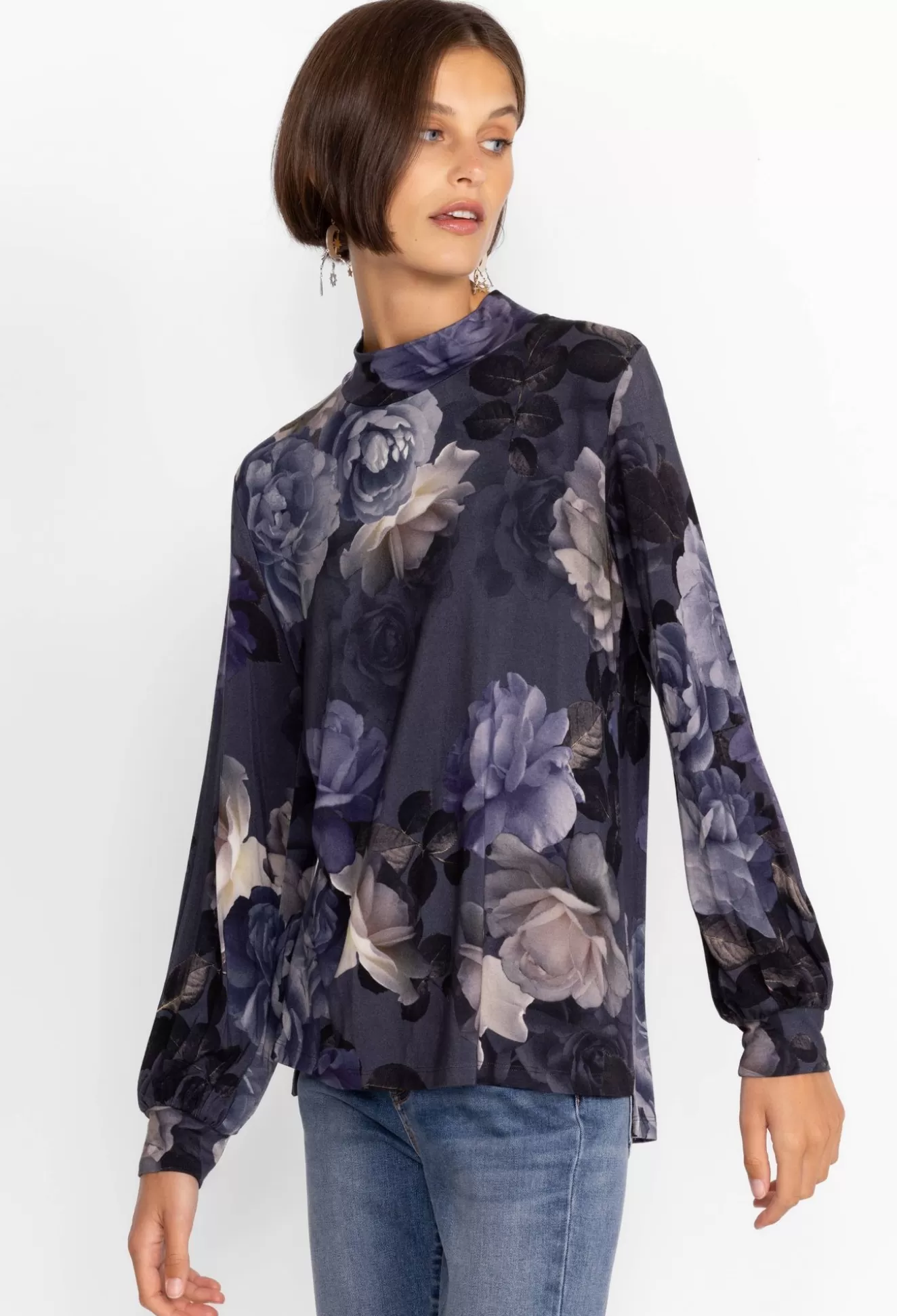 Tops>Johnny Was Puff Sleeve Mock Neck Grey Peony