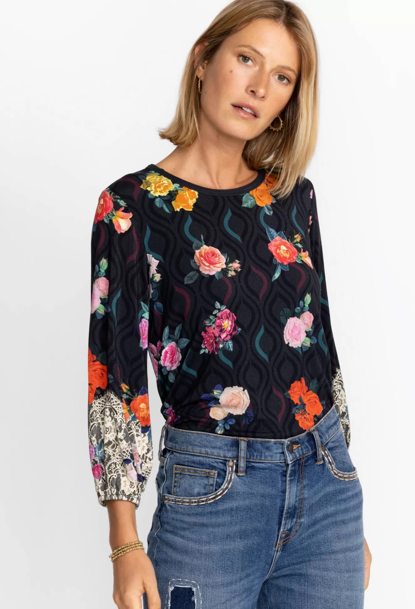 Tops>Johnny Was Puff Sleeve Top Rose Lace
