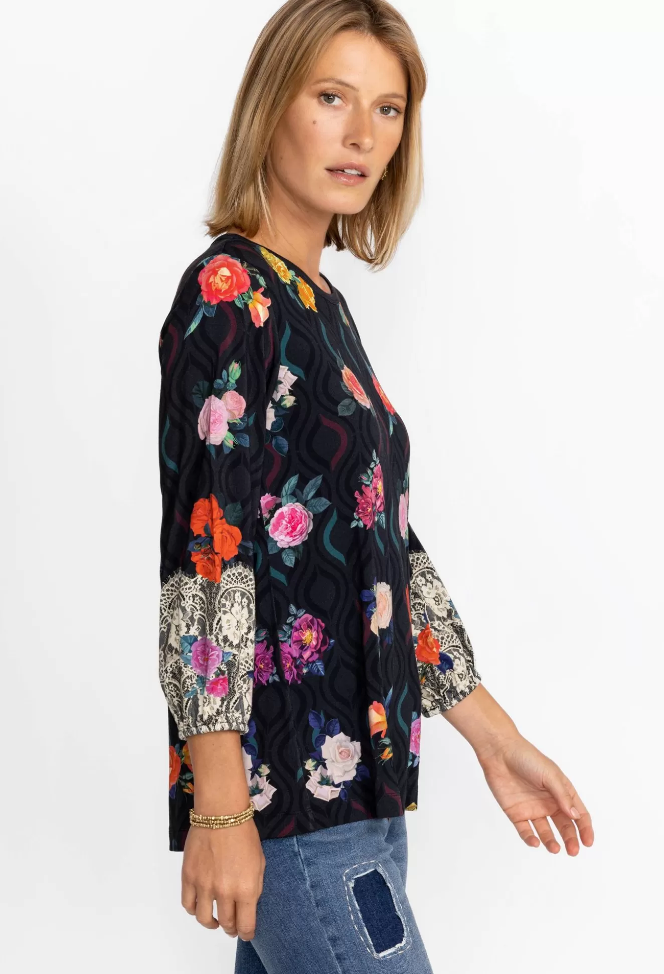 Tops>Johnny Was Puff Sleeve Top Rose Lace