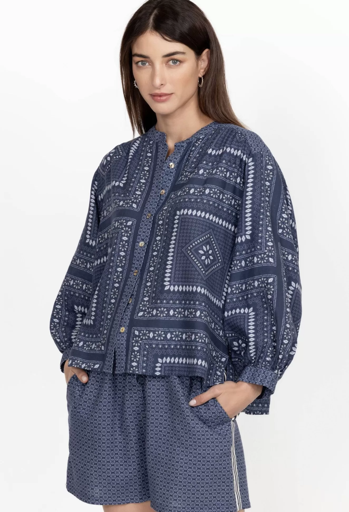 Tops>Johnny Was Shirred Yoke Blouse Patched Ikat