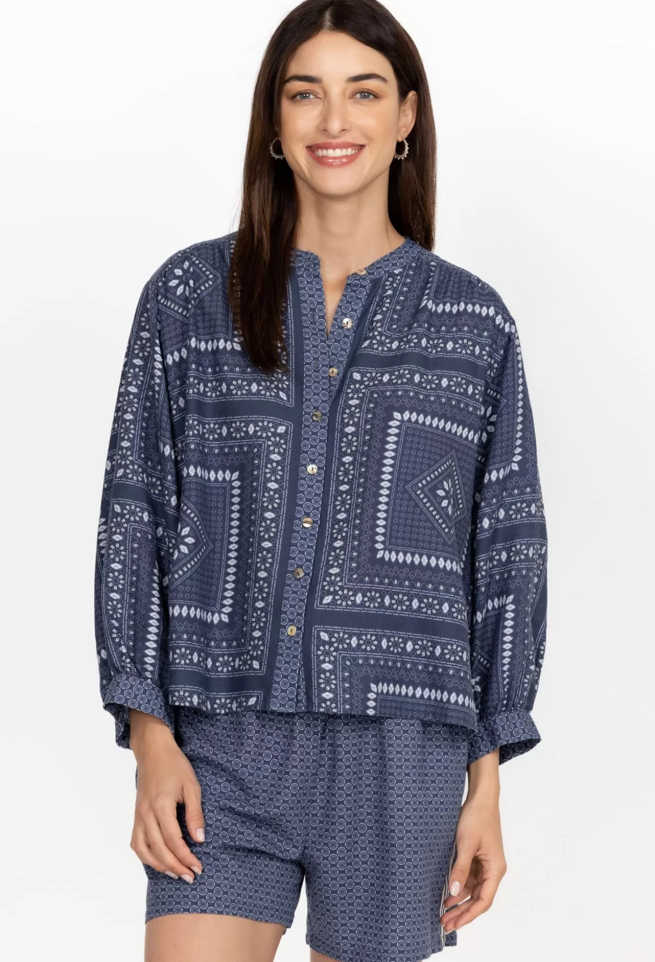 Tops>Johnny Was Shirred Yoke Blouse Patched Ikat