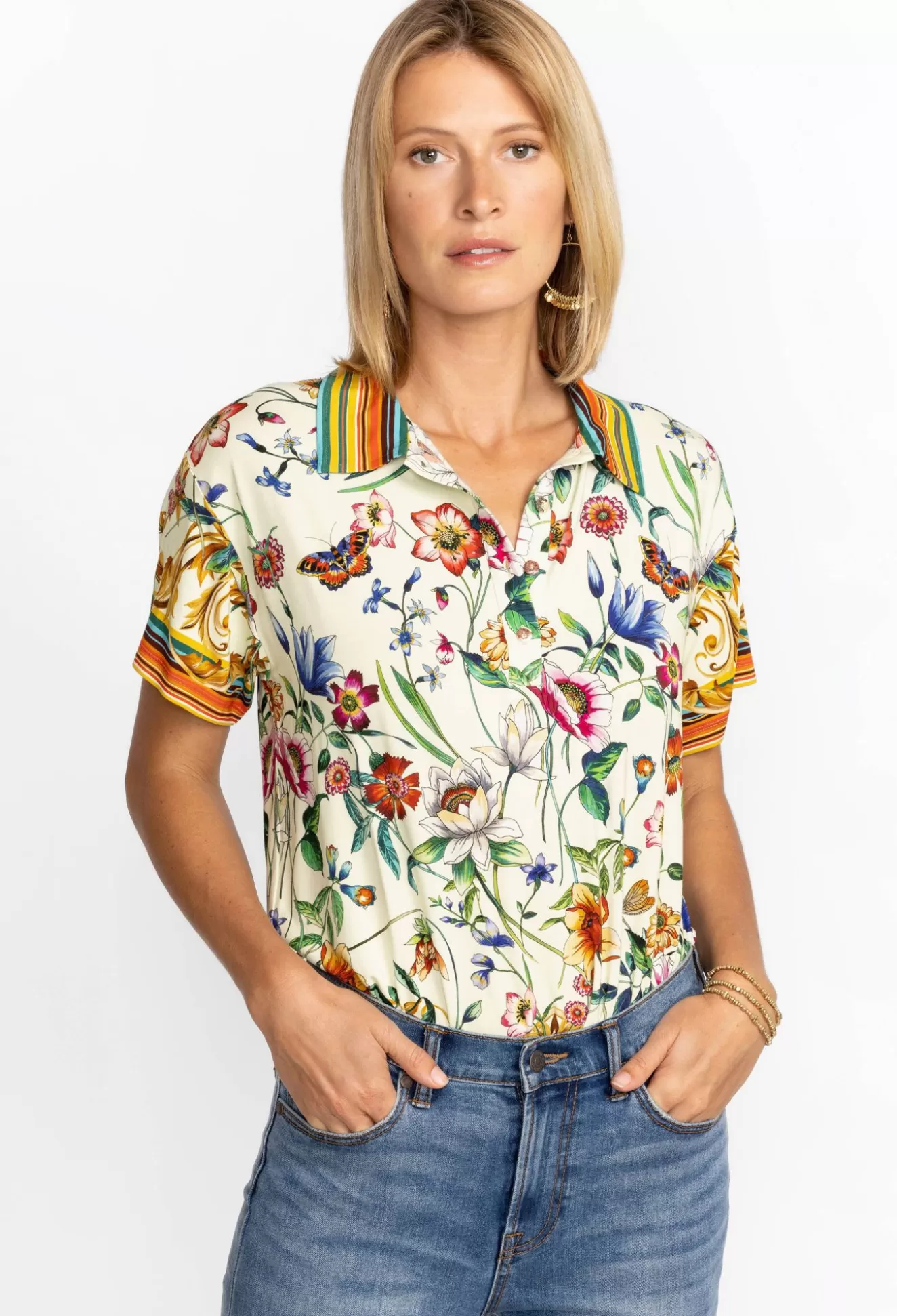 Tops>Johnny Was Short Sleeve Polo Tee Felix