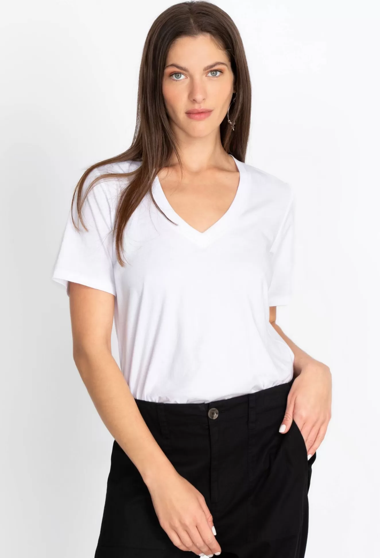 Tops>Johnny Was Short Sleeve V-Neck Layering Tee White
