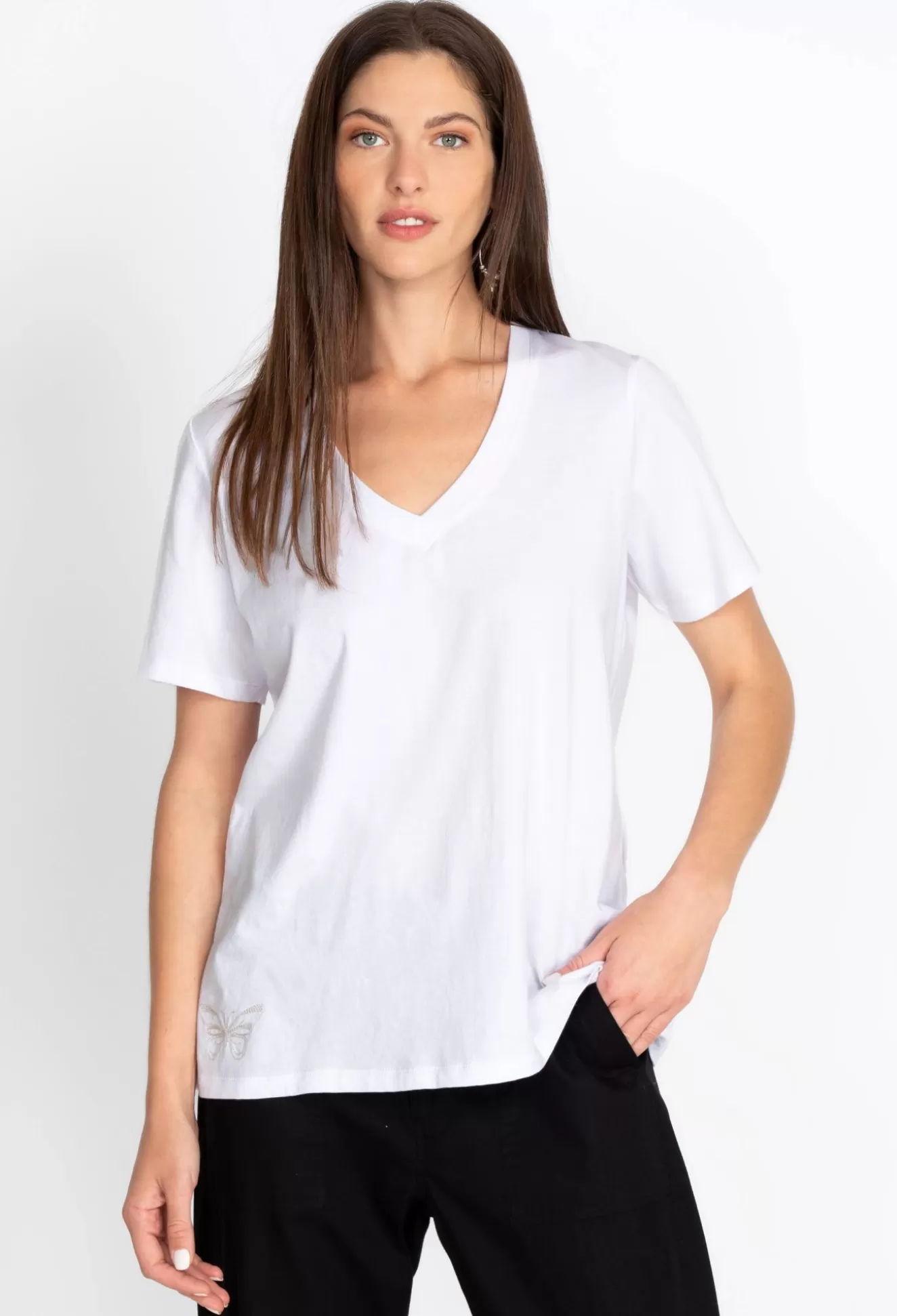 Tops>Johnny Was Short Sleeve V-Neck Layering Tee White