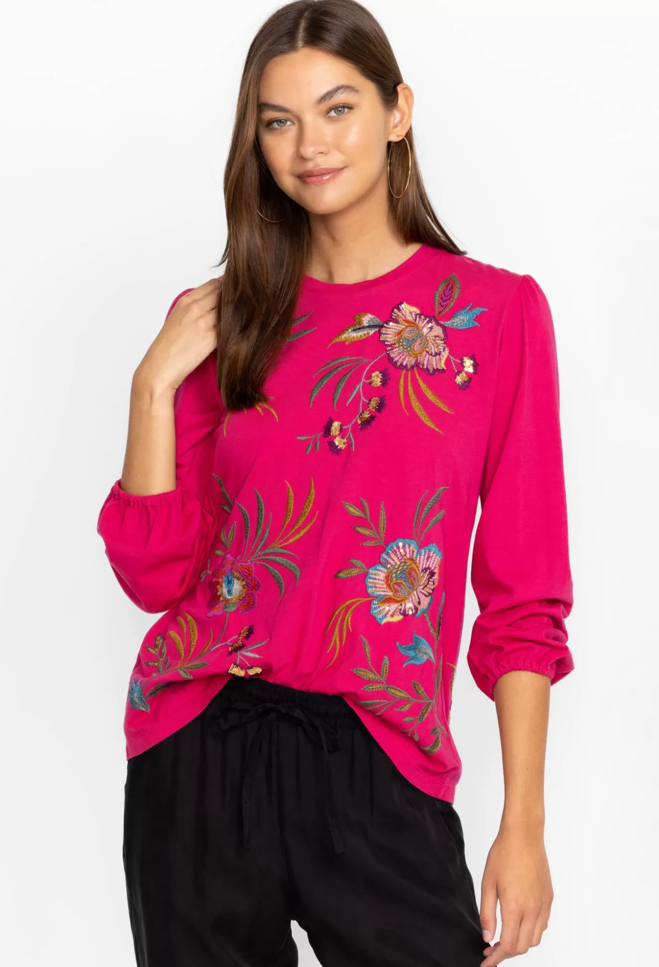 Tops>Johnny Was Sidonia Bishop Sleeve Sequin Tee Vivacious