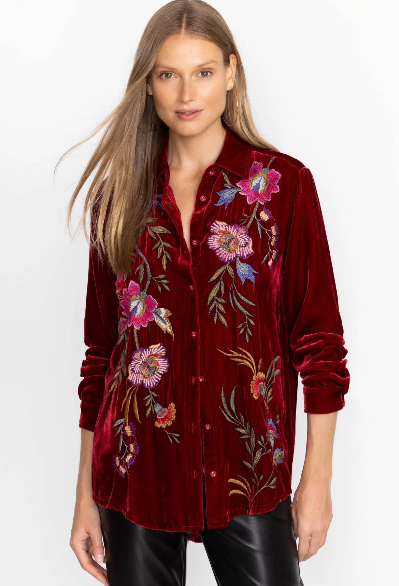 Tops>Johnny Was Sidonia Velvet Oversized Pleat Shirt Rich Red
