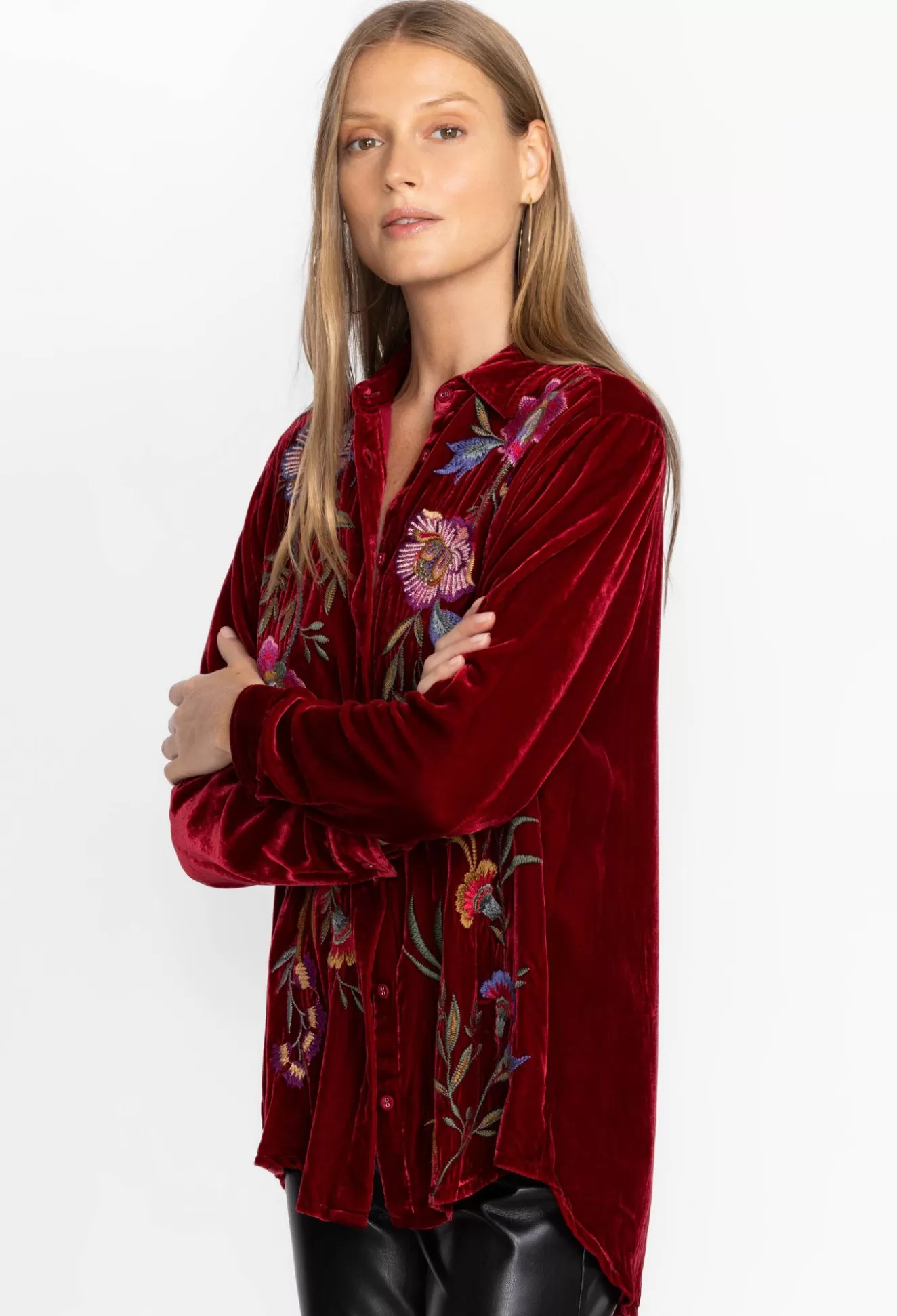 Tops>Johnny Was Sidonia Velvet Oversized Pleat Shirt Rich Red